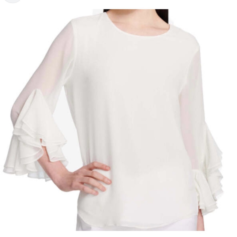 Calvin Klein Chiffon White Ruffle Sleeve Blouse